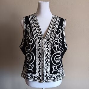90s Southern Gothic Black White Embroidered Vest, Western Boho Goth Size 12